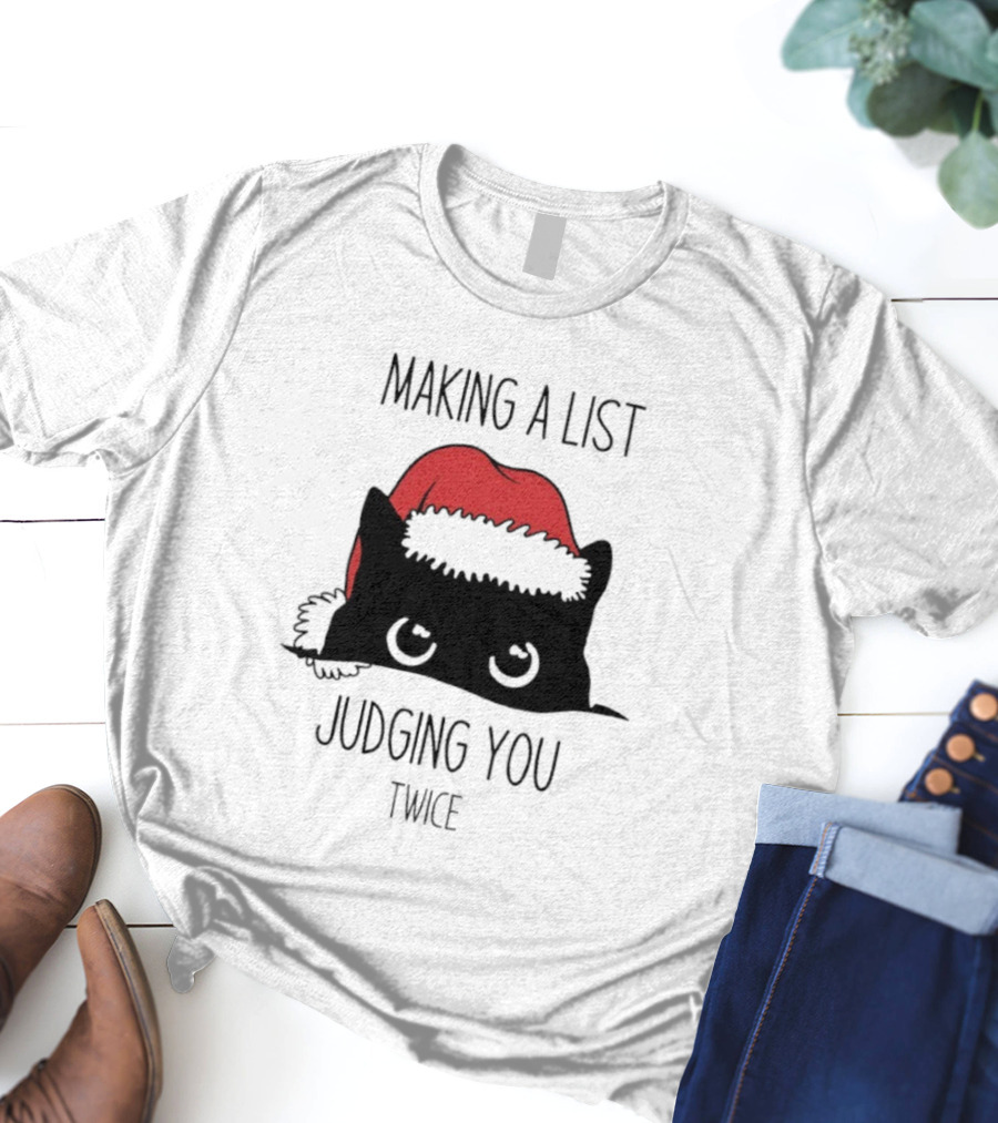 Black Cat Christmas Making A List Judging You Twice Santa Hat T-Shirt