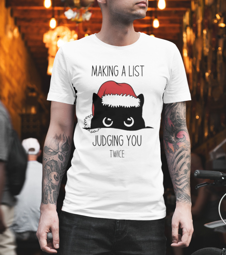 Black Cat Christmas Making A List Judging You Twice Santa Hat T-Shirt