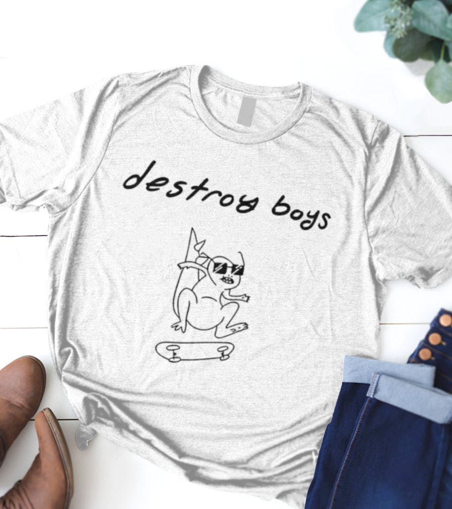 Destroy Boys Dino Skater Skateboarding Dinosaur With Sunglasses T-Shirt
