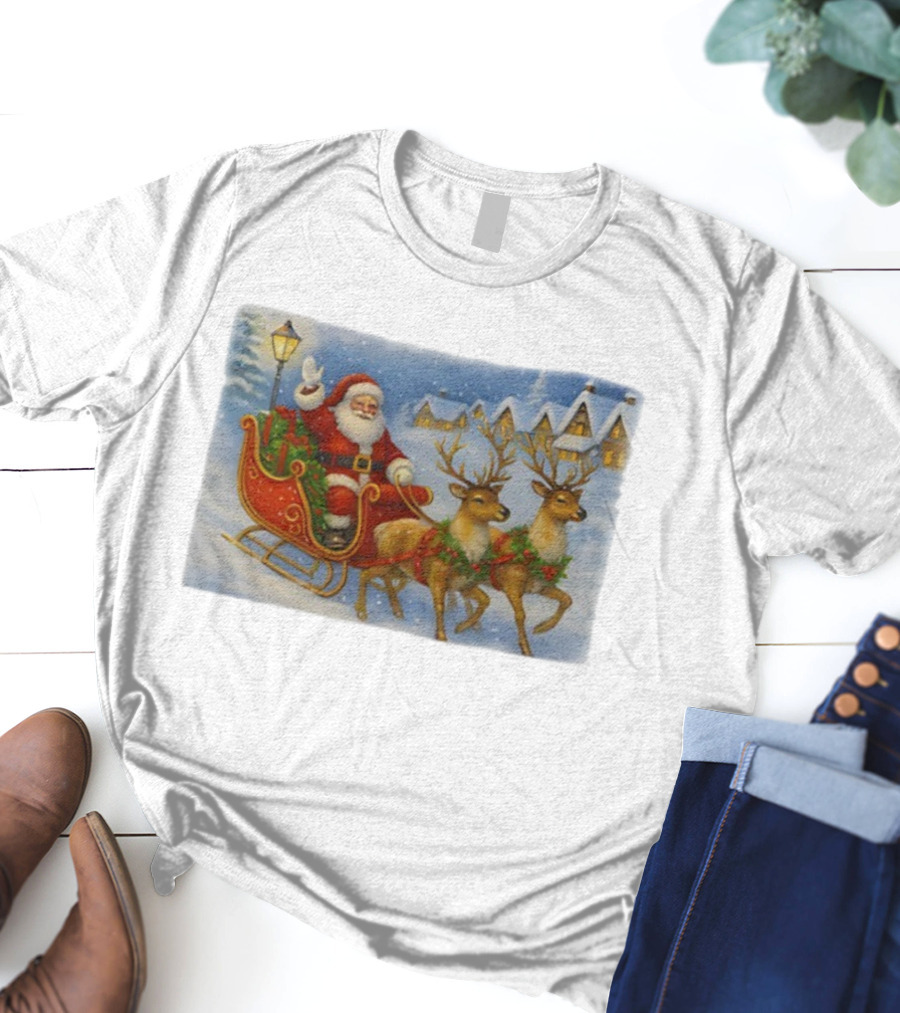 Santa Sleigh Reindeer Snowy Christmas Scene T-Shirt