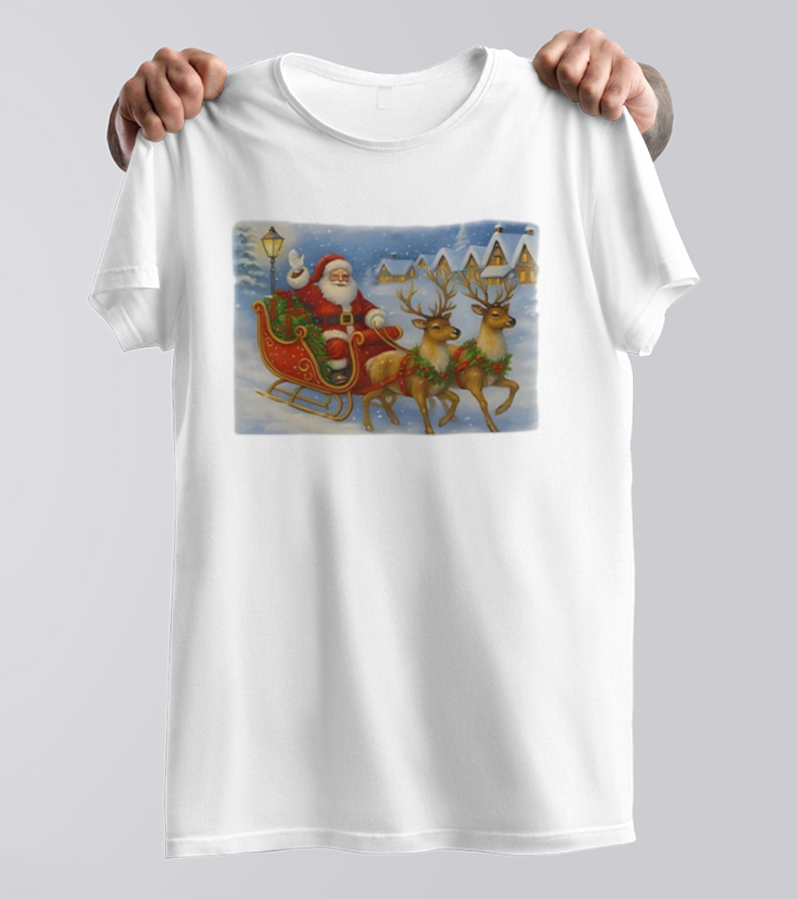 Santa Sleigh Reindeer Snowy Christmas Scene T-Shirt