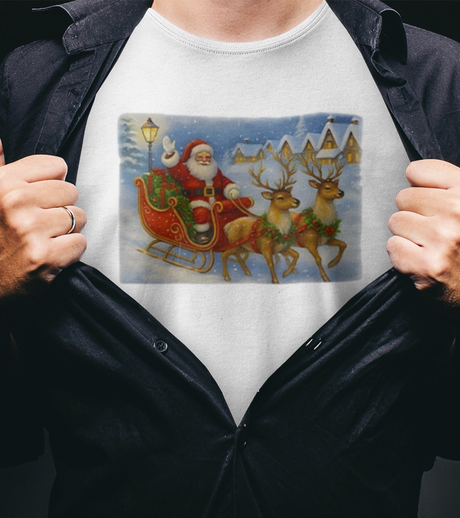 Santa Sleigh Reindeer Snowy Christmas Scene T-Shirt