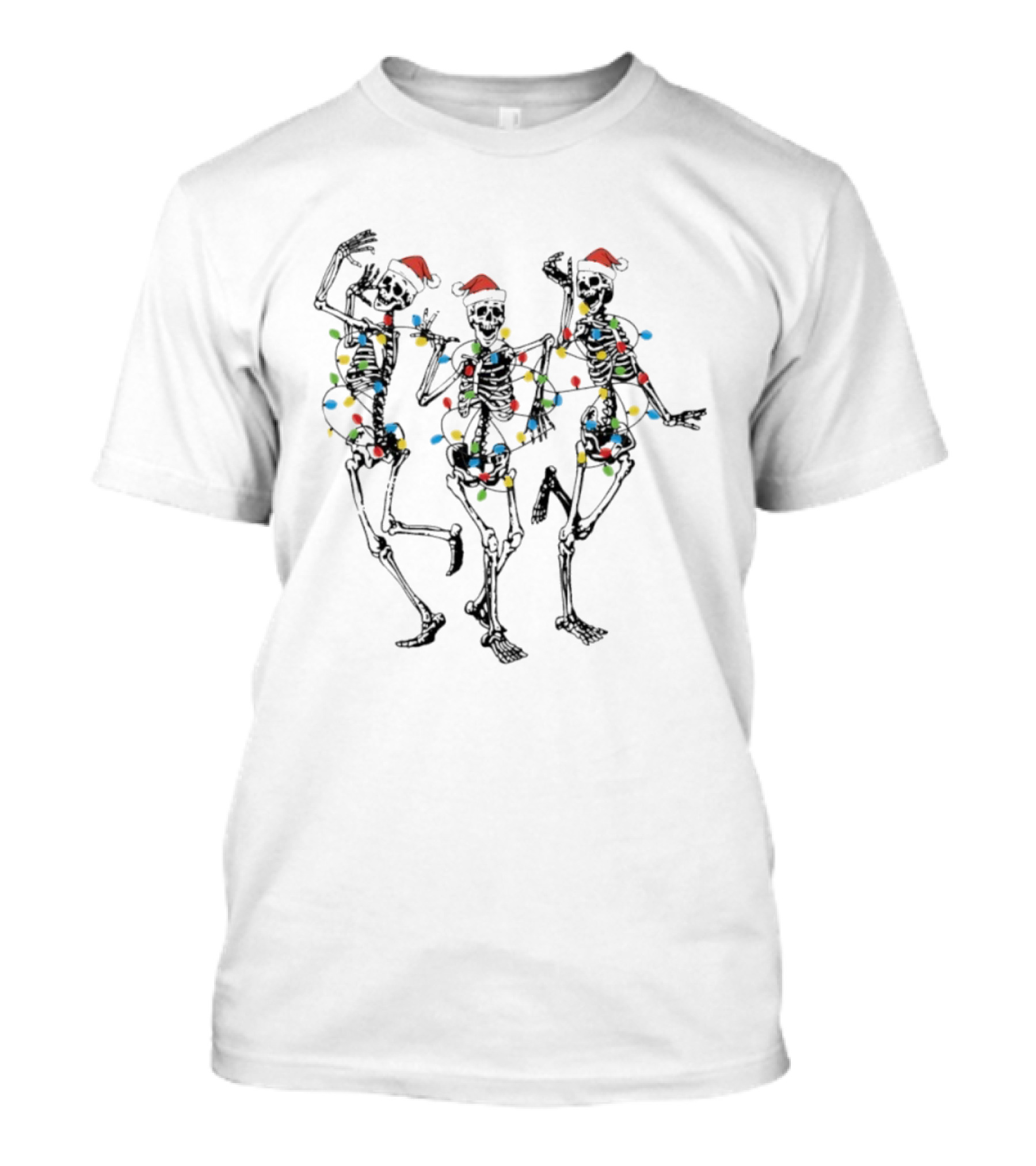 Skeletons Dancing Santa Hats Christmas Lights Holiday Fun T-Shirt