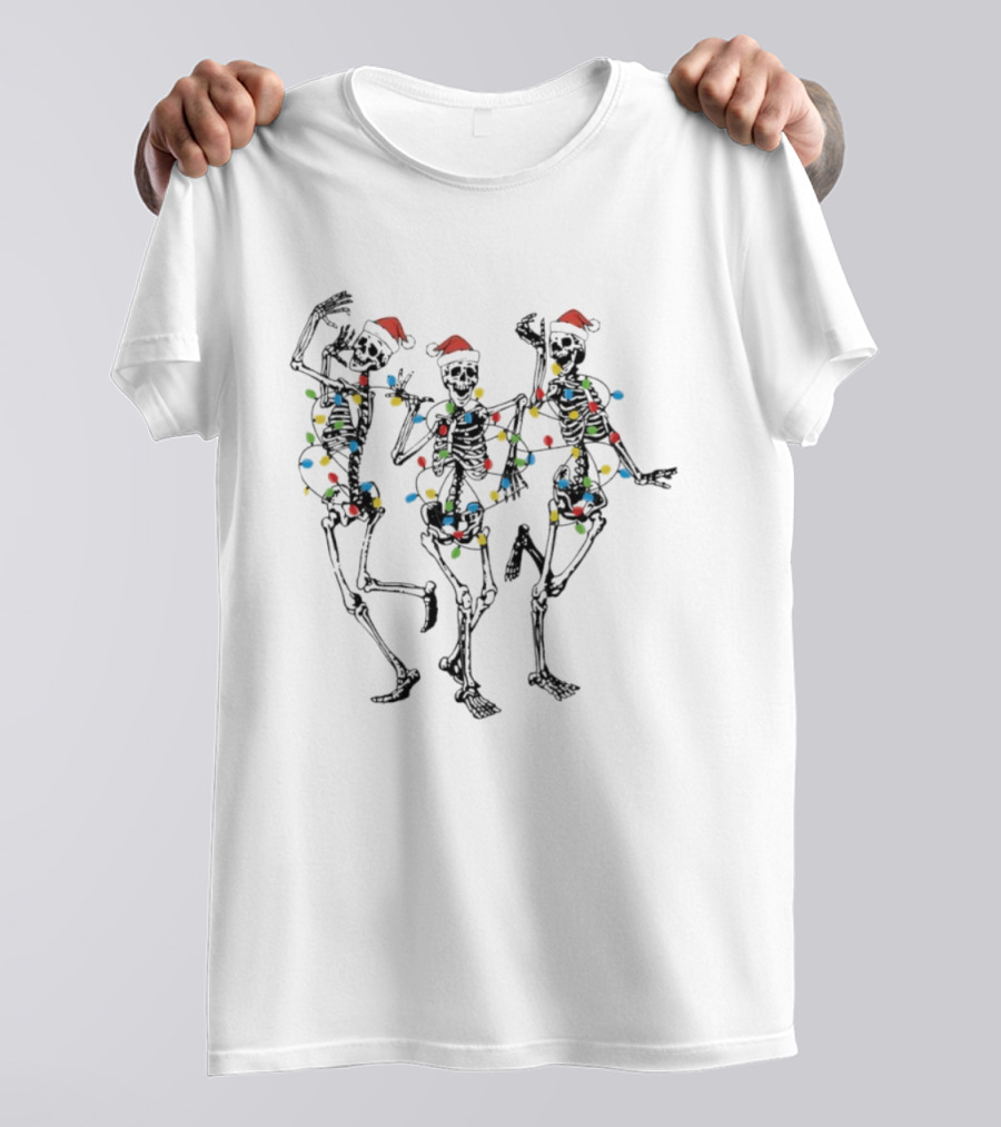 Skeletons Dancing Santa Hats Christmas Lights Holiday Fun T-Shirt