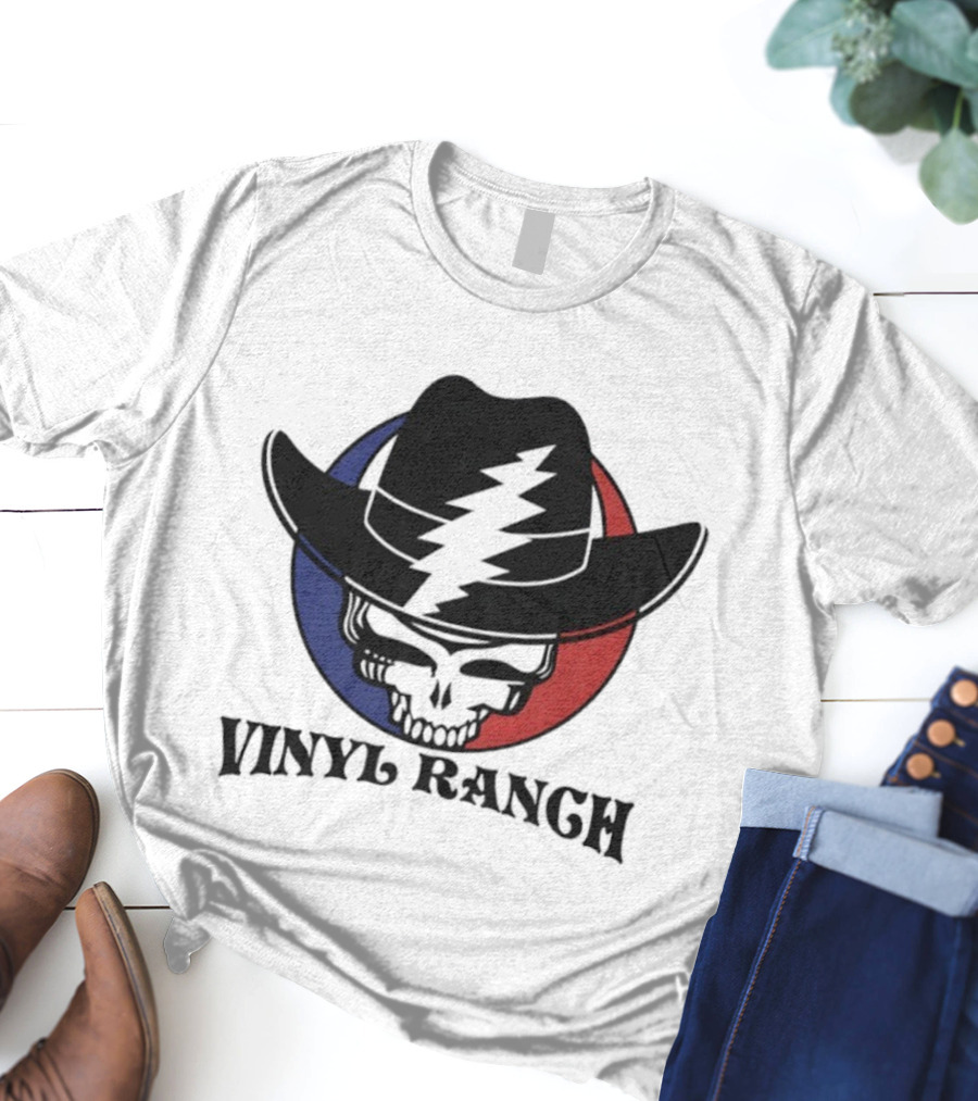 Vinyl Ranch Steal Your Face Skull Cowboy Hat Lightning Circle T-Shirt