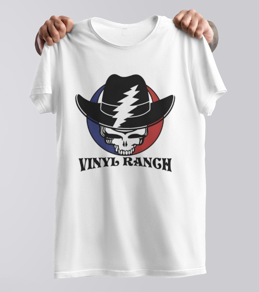 Vinyl Ranch Steal Your Face Skull Cowboy Hat Lightning Circle T-Shirt