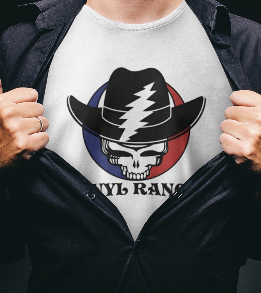 Vinyl Ranch Steal Your Face Skull Cowboy Hat Lightning Circle T-Shirt