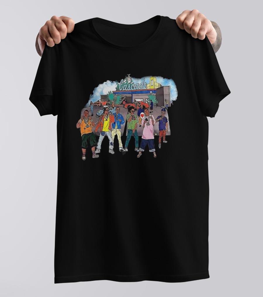 Cascade Hip Hop Enthusiasts Cartoon Characters In Urban Scene T-Shirt
