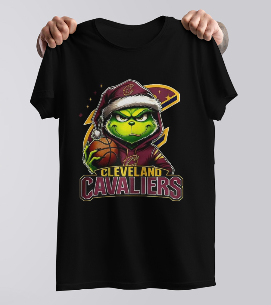 Cleveland Cavaliers Christmas Grinch Santa Hat Holding Basketball T-Shirt