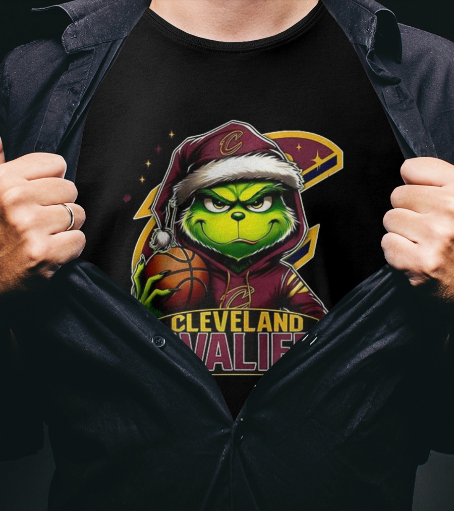 Cleveland Cavaliers Christmas Grinch Santa Hat Holding Basketball T-Shirt