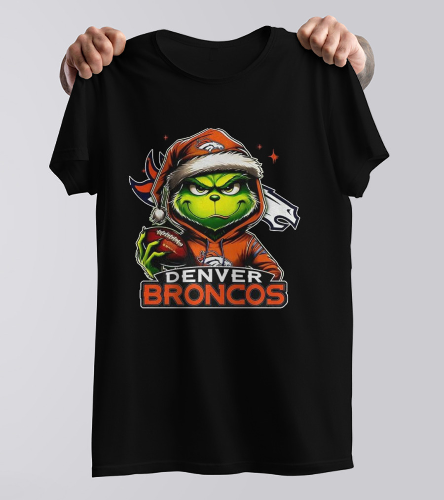 Denver Broncos Grinch In Santa Hat NFL Christmas Football T-Shirt
