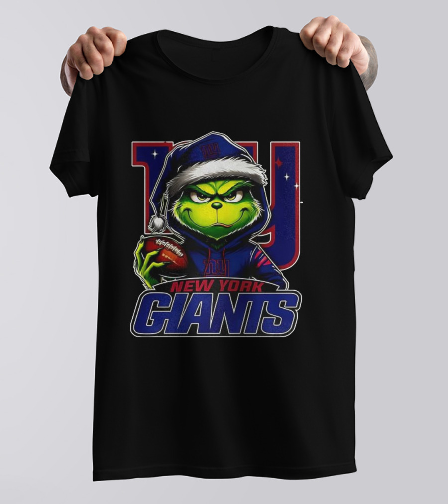 Grinch In Santa Hat Holding Football New York Giants NFL Christmas T-Shirt