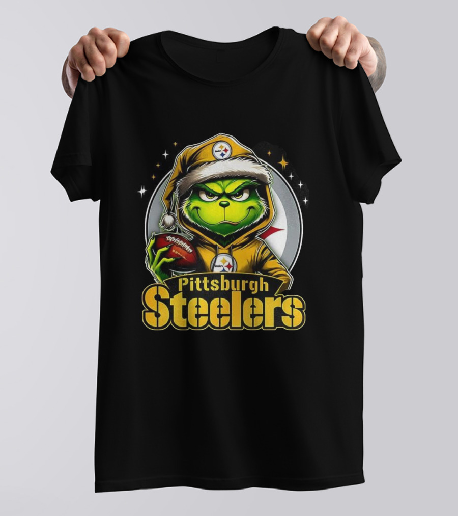 Grinch Wearing Santa Hat Holding Football Pittsburgh Steelers Christmas NFL T-Shirt