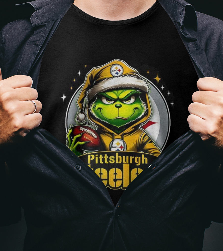 Grinch Wearing Santa Hat Holding Football Pittsburgh Steelers Christmas NFL T-Shirt