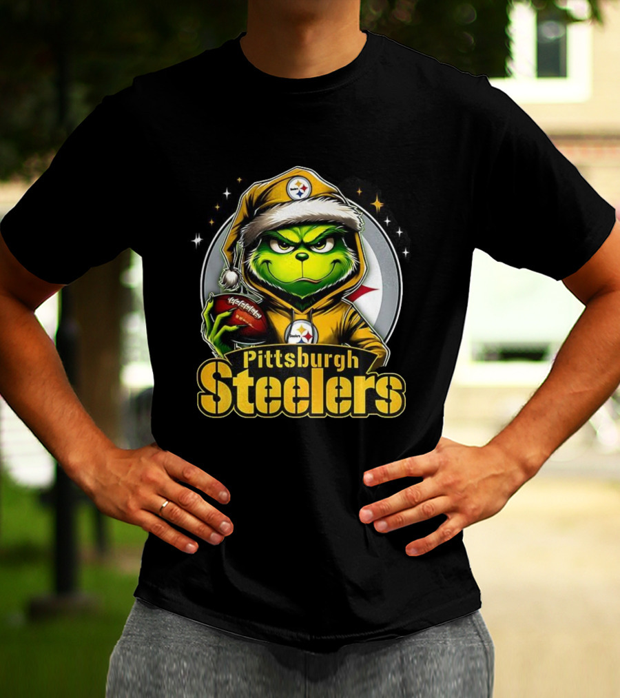 Grinch Wearing Santa Hat Holding Football Pittsburgh Steelers Christmas NFL T-Shirt