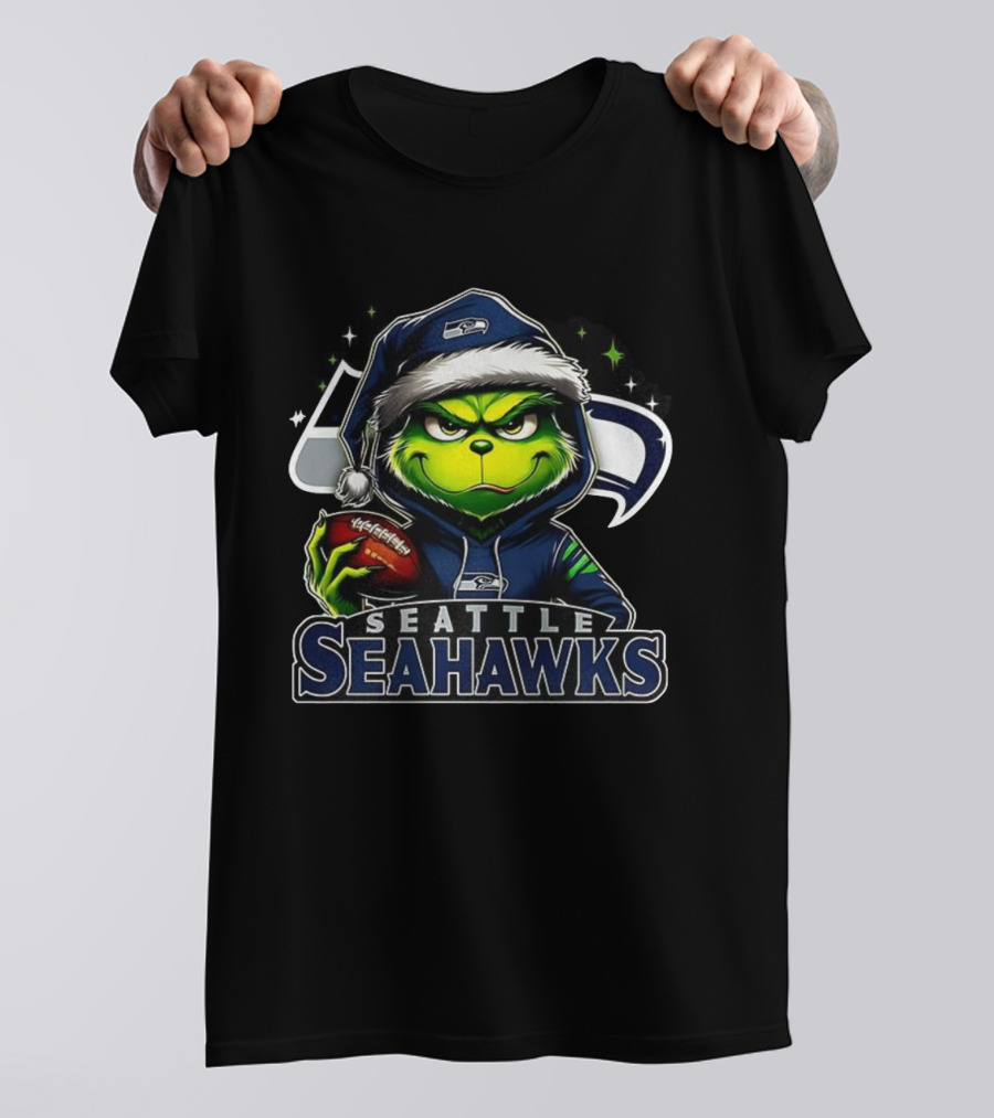 Seattle Seahawks NFL Grinch Santa Hat Christmas T-Shirt