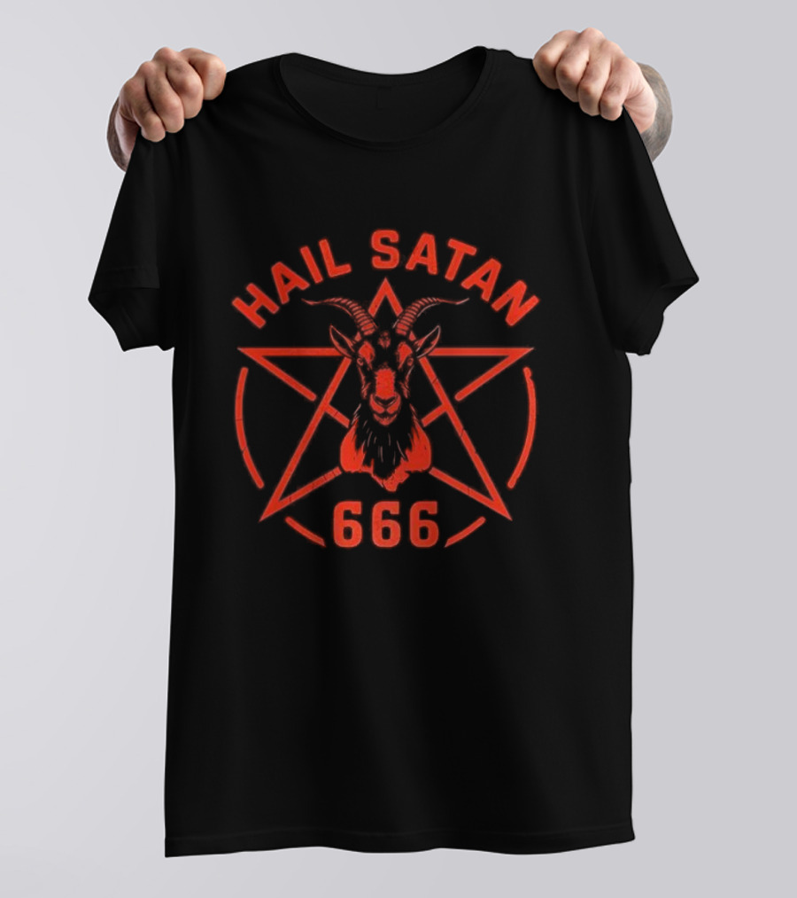 Hail Satan Goat 666 Pentagram Symbolic Occult Baphomet Emblem T-Shirt