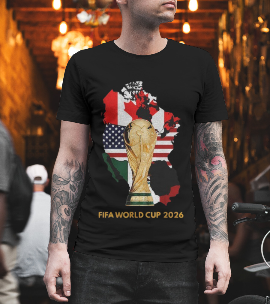 FIFA World Cup 2026 USA Canada Mexico Flags Map Trophy T-Shirt
