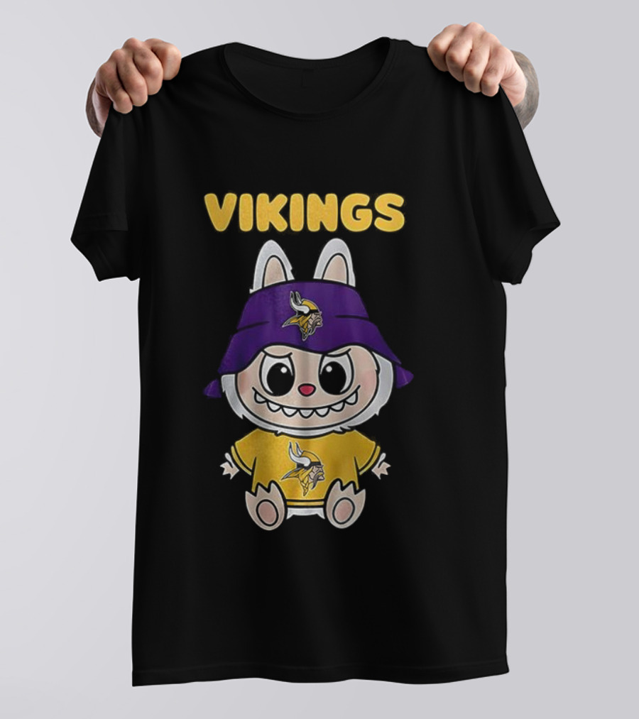 Minnesota Vikings Labubu Character With Purple Cap And Team Logo T-Shirt