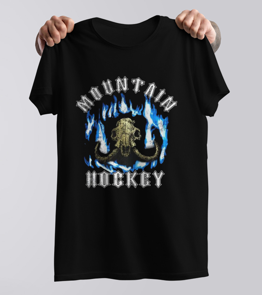 Mountain Hockey Mammoth Skull Blue Flames Design T-Shirt