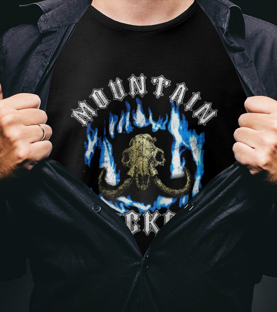 Mountain Hockey Mammoth Skull Blue Flames Design T-Shirt