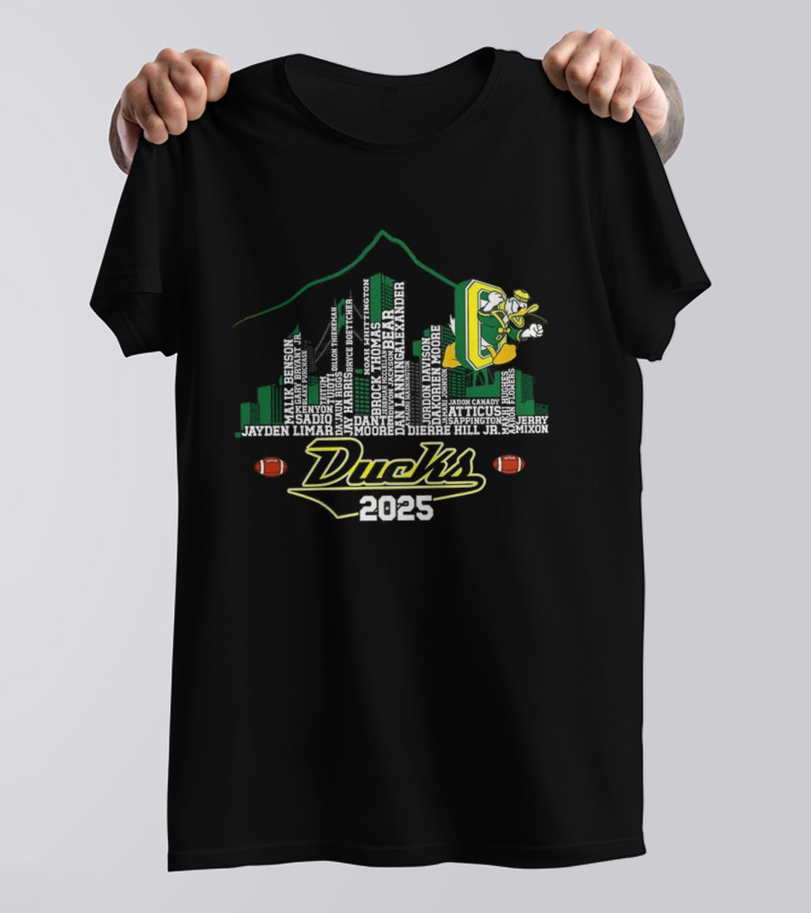 Oregon Ducks 2025 Skyline Football Player Mountain T-Shirt
