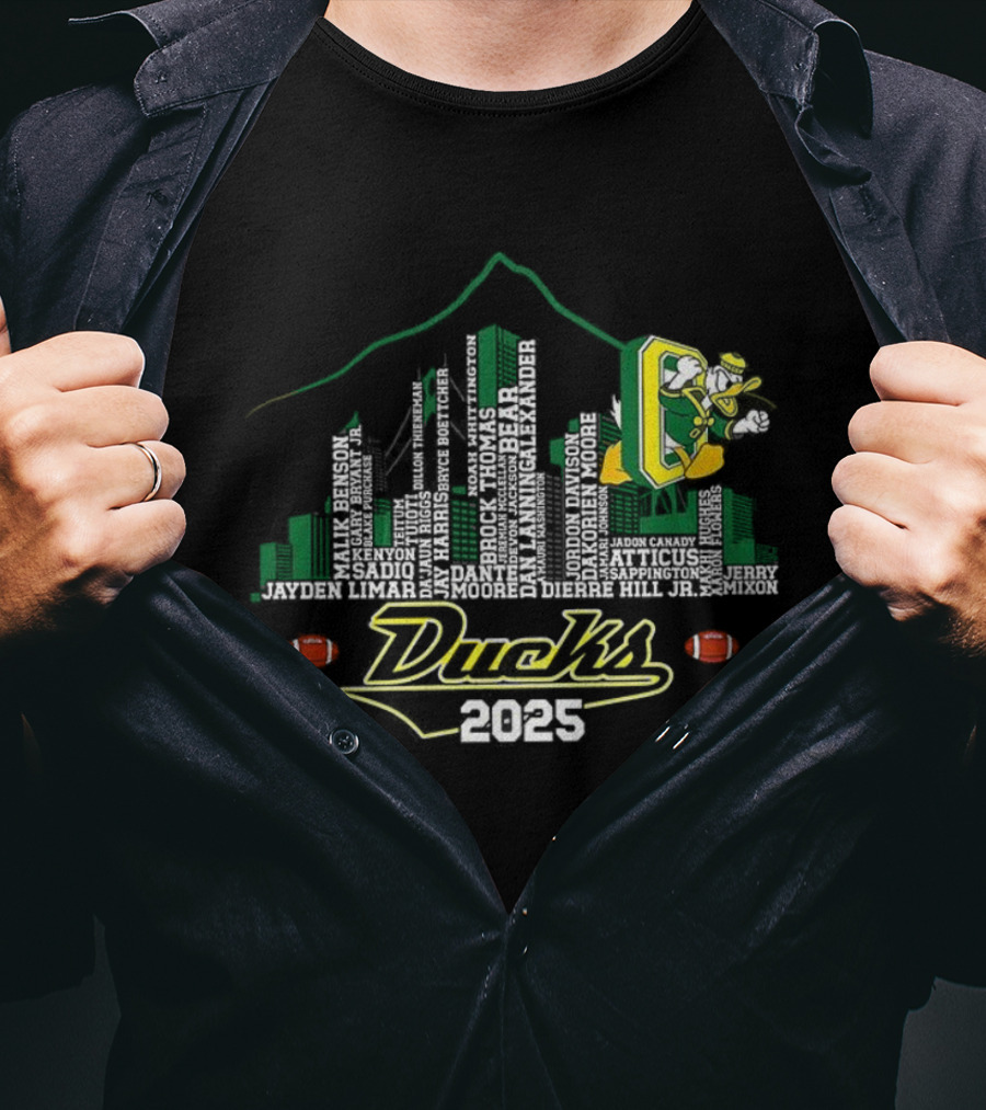Oregon Ducks 2025 Skyline Football Player Mountain T-Shirt