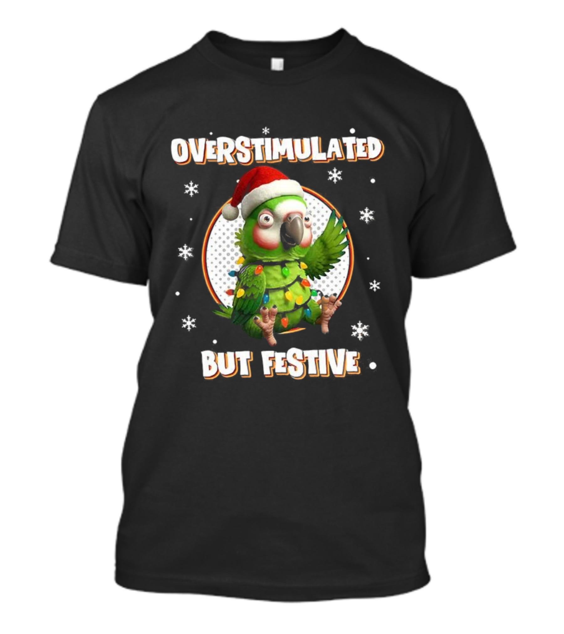 Overstimulated Parrot With Christmas Lights And Santa Hat T-Shirt