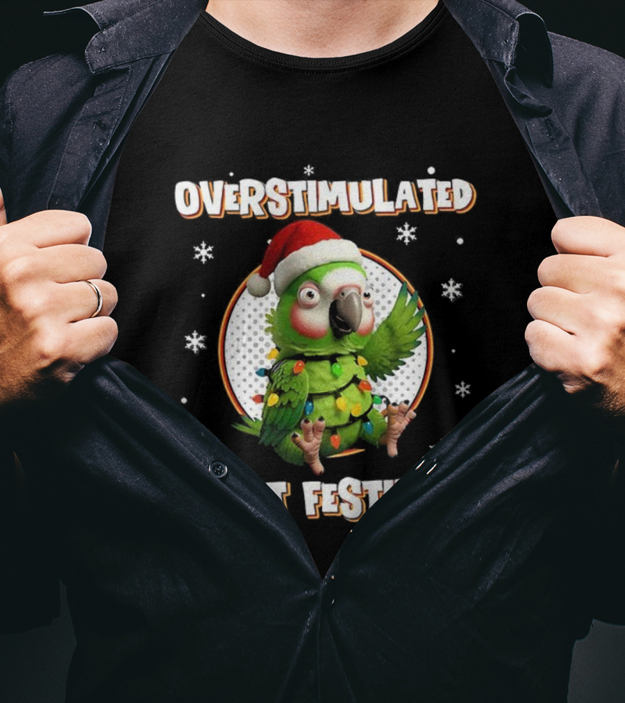 Overstimulated Parrot With Christmas Lights And Santa Hat T-Shirt
