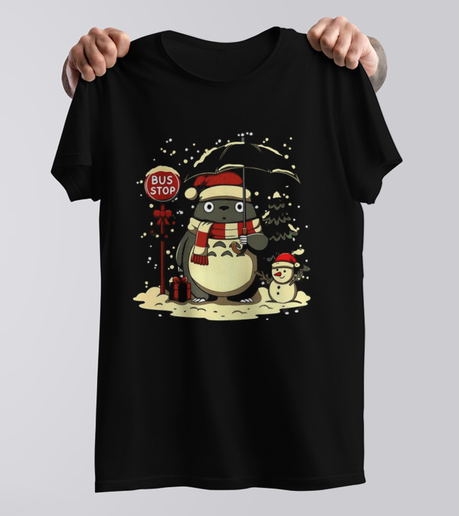 Totoro Snowman Winter Bus Stop Santa Hat T-Shirt
