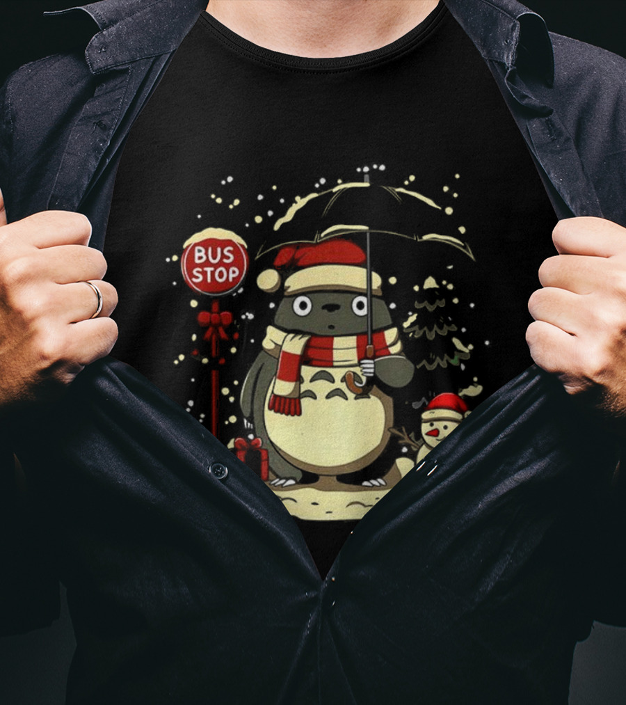 Totoro Snowman Winter Bus Stop Santa Hat T-Shirt