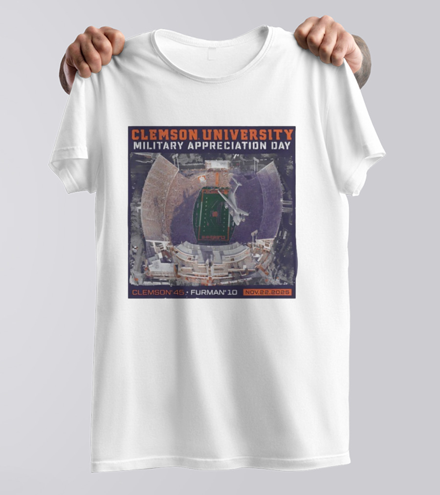 Clemson University Military Appreciation Day Game Nov 22 2025 Clemson 45 Furman 10 Stadium Aerial View T-Shirt