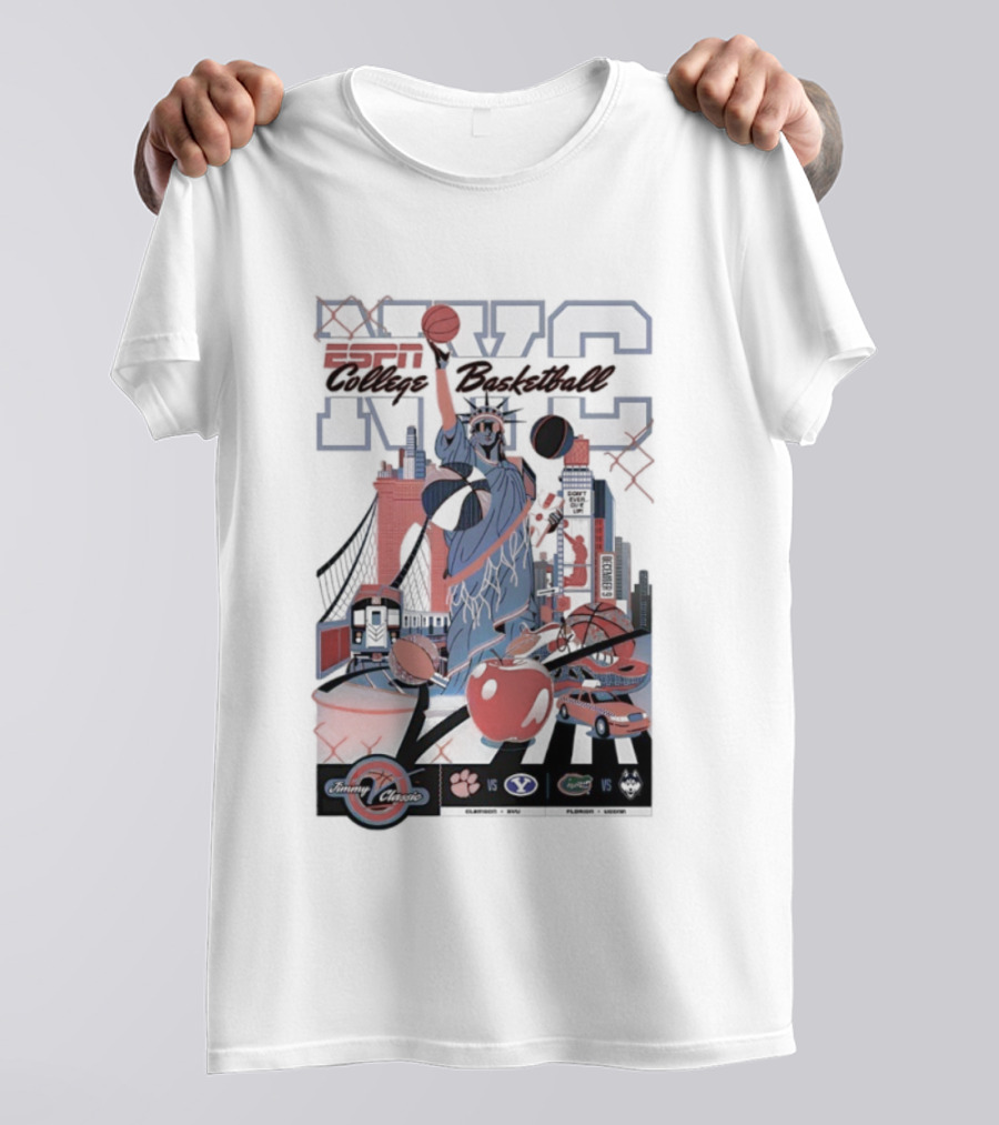 Jimmy V Classic 2025 Clemson Vs BYU College Basketball NYC Statue Of Liberty Basketball New York Skyline T-Shirt