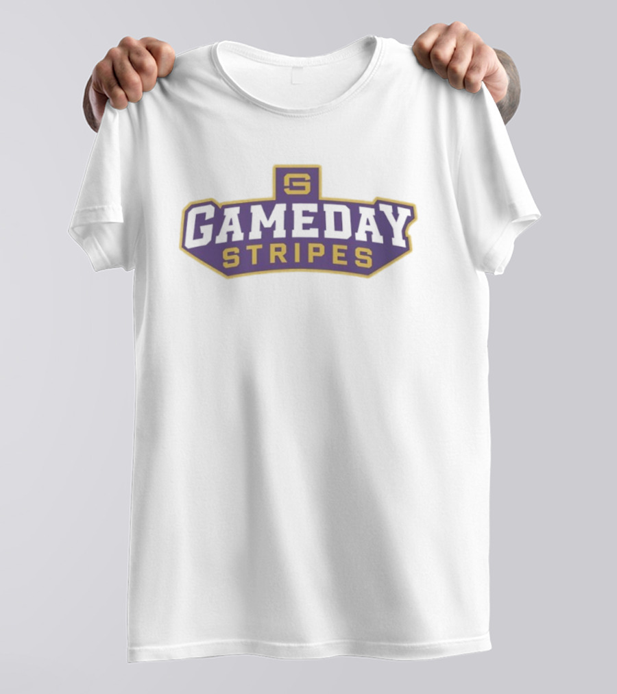 Gameday Stripes Purple And Gold Block Lettering T-Shirt