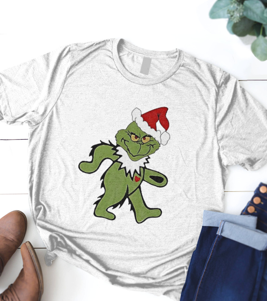 Grinch Wearing Santa Hat Dancing Bear Christmas T-Shirt