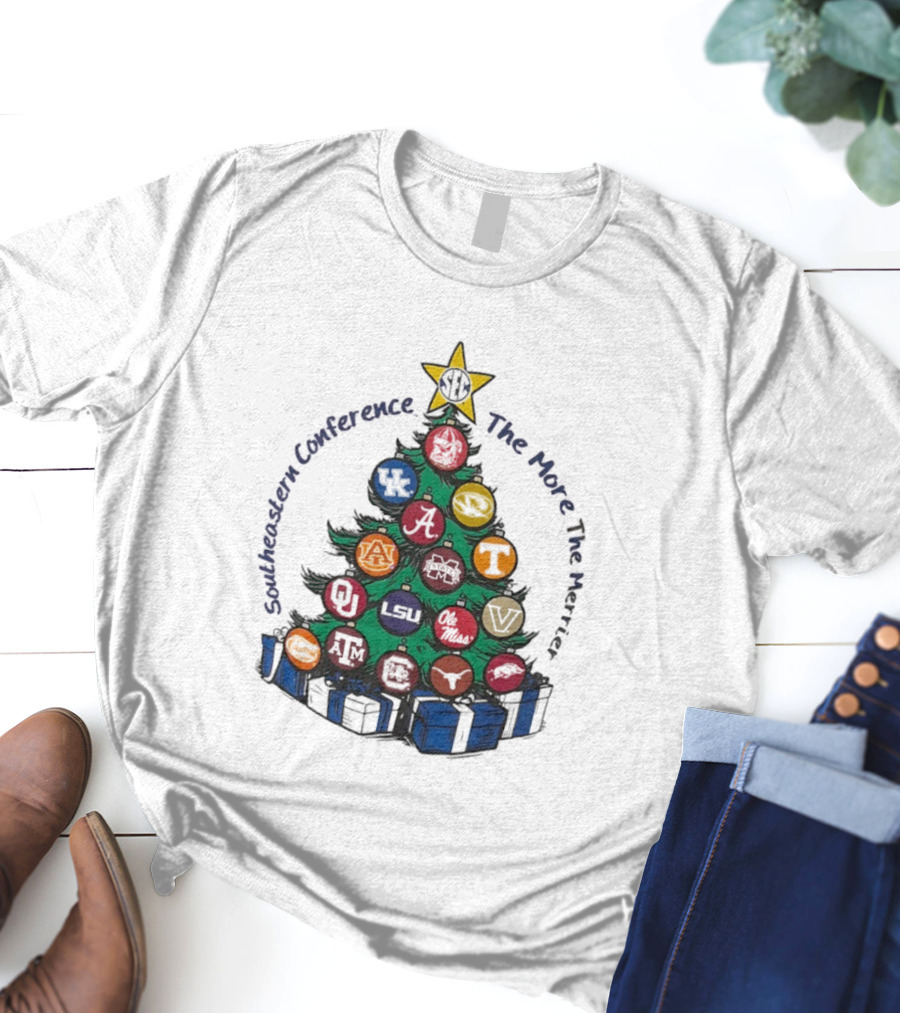 SEC Southeastern Conference The More The Merrier Christmas Tree With Team Ornaments T-Shirt