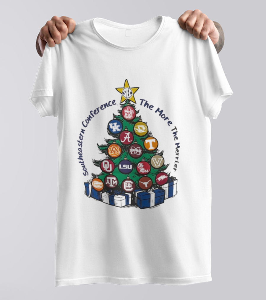 SEC Southeastern Conference The More The Merrier Christmas Tree With Team Ornaments T-Shirt