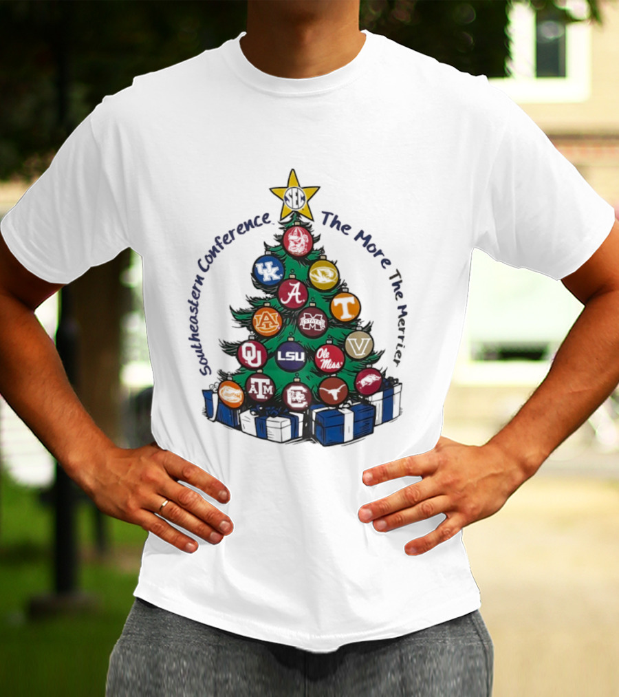 SEC Southeastern Conference The More The Merrier Christmas Tree With Team Ornaments T-Shirt