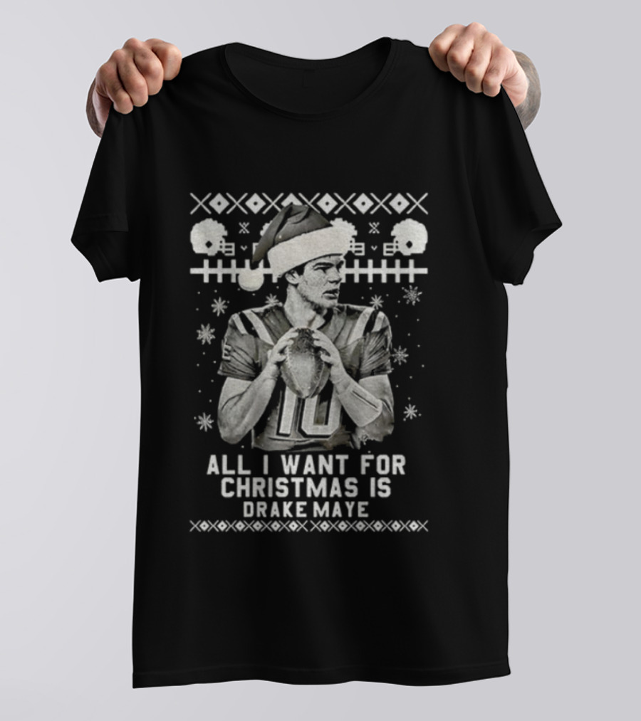 Drake Maye All I Want For Christmas Vintage Football Santa Hat Ugly Sweater Style T-Shirt