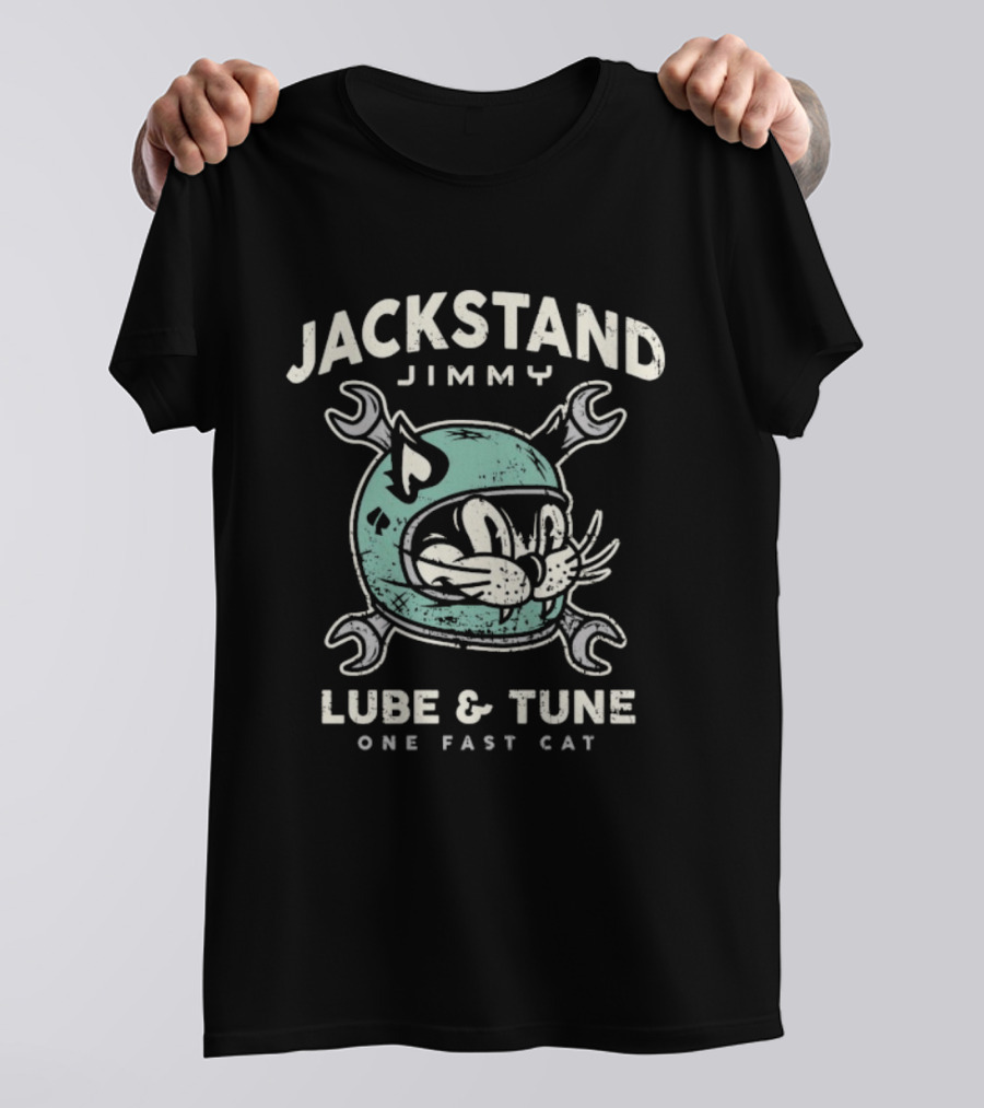 Jackstand Jimmy Lube & Tune One Fast Cat Helmet Wrench T-Shirt