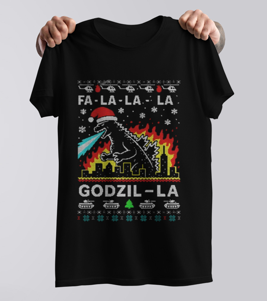 Fa La La La Godzil-La Christmas Santa Hat City Helicopters Tanks T-Shirt
