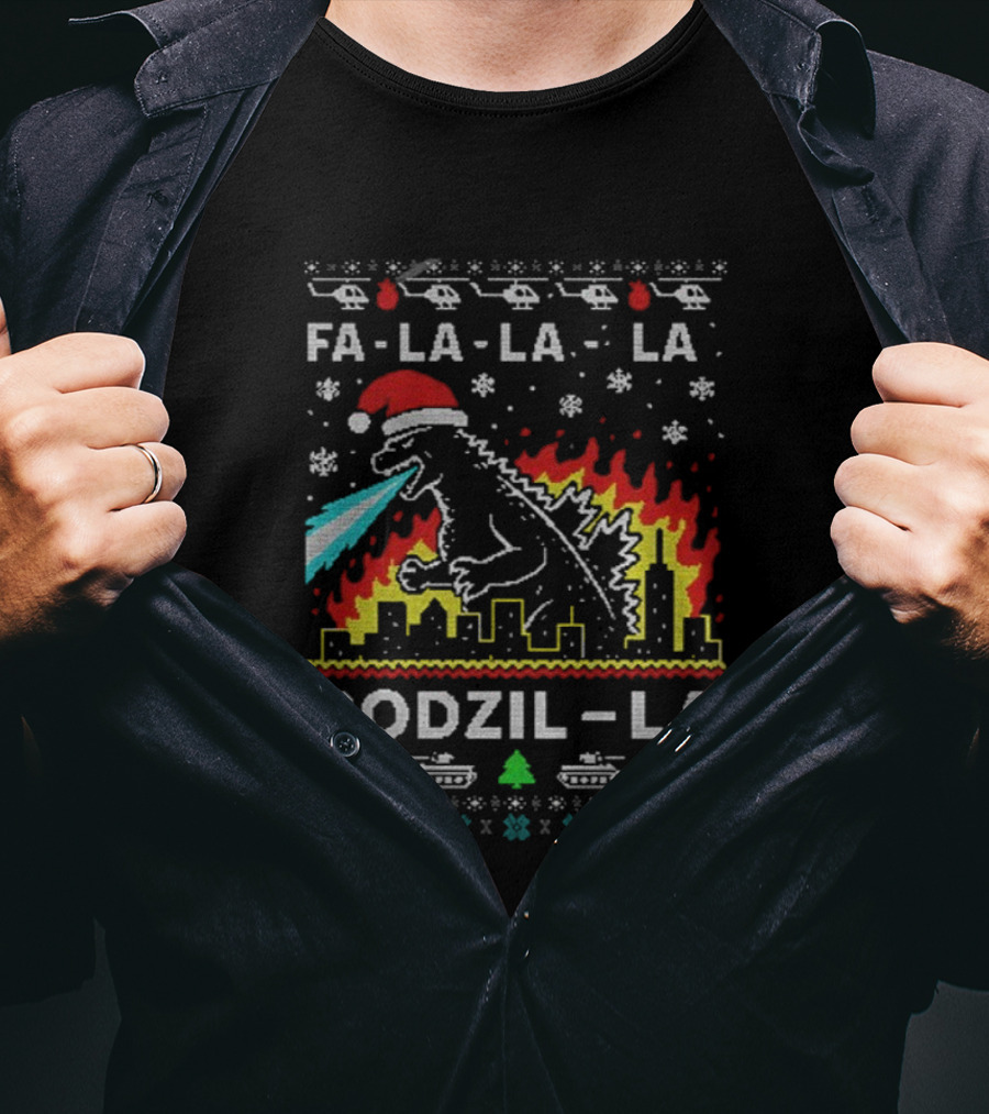 Fa La La La Godzil-La Christmas Santa Hat City Helicopters Tanks T-Shirt