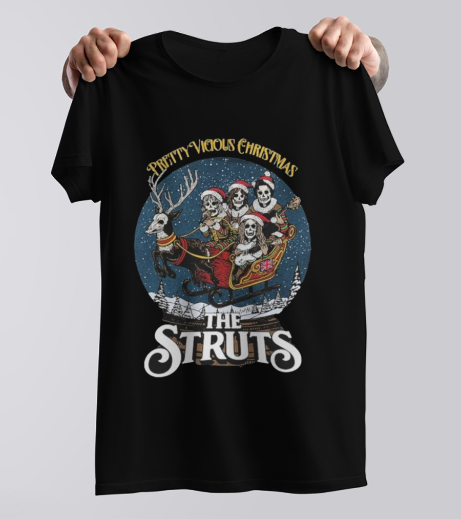 The Struts Pretty Vicious Christmas Reindeer Snow Globe Skeleton Sleigh T-Shirt