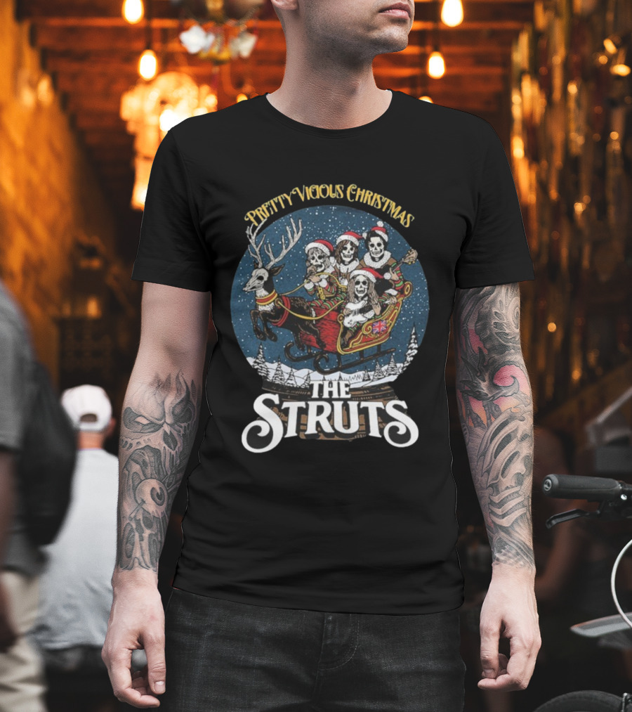 The Struts Pretty Vicious Christmas Reindeer Snow Globe Skeleton Sleigh T-Shirt