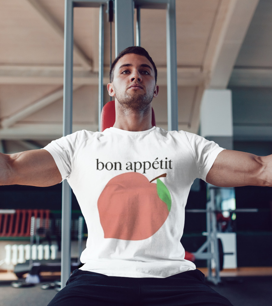 Bon Appétit Peach Illustration With Green Leaf Detail T-Shirt