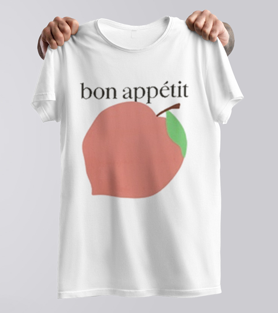 Bon Appétit Peach Illustration With Green Leaf Detail T-Shirt