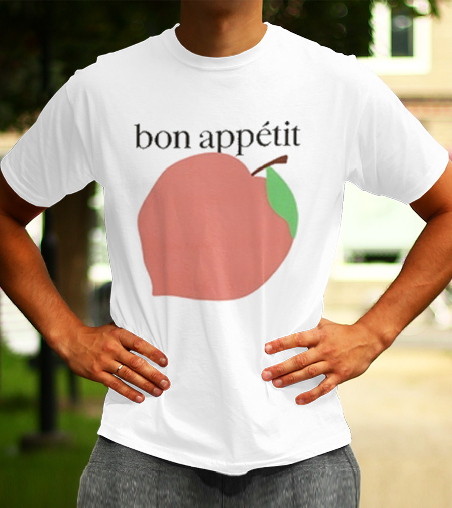 Bon Appétit Peach Illustration With Green Leaf Detail T-Shirt