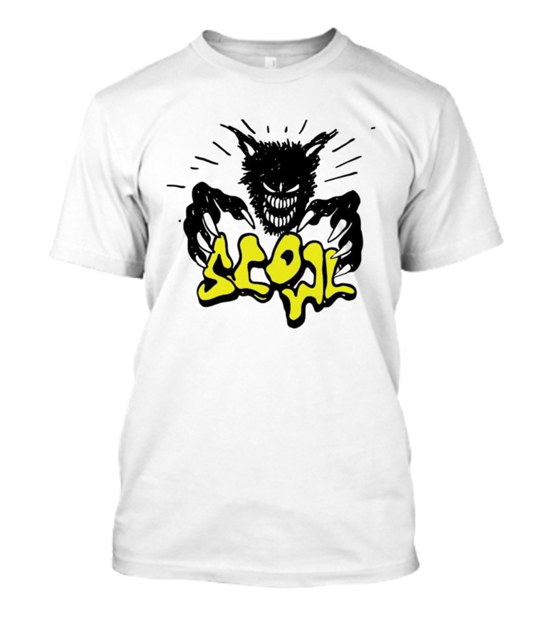 Scowl Scary Cat Yellow Text With Creepy Feline Illustration T-Shirt
