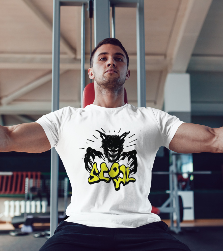 Scowl Scary Cat Yellow Text With Creepy Feline Illustration T-Shirt