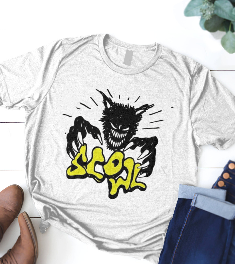 Scowl Scary Cat Yellow Text With Creepy Feline Illustration T-Shirt